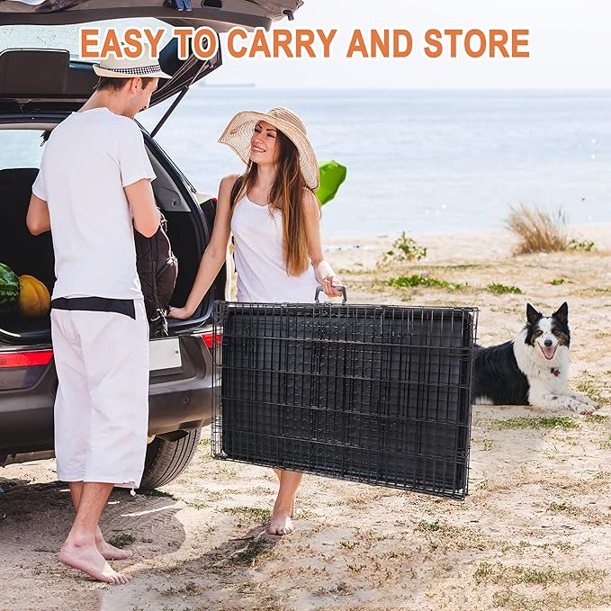 30/36/42 Inches Double Door Dog Crate Folding Metal Wire Dog Kennel Cage with Tray for Small/Medium/Large Dogs Indoor Outdoor Travel Use