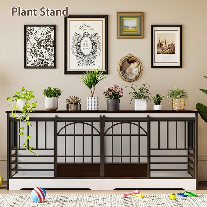 COZPAW 78 Inch Double Dog Crate Furniture, Extra Large Dog Kennel Indoor for 2 Dogs, Heavy Duty Dog Cage with Divider, Wooden Dog House Decorative Table TV Stand for XLarge Dogs (White&Brown)