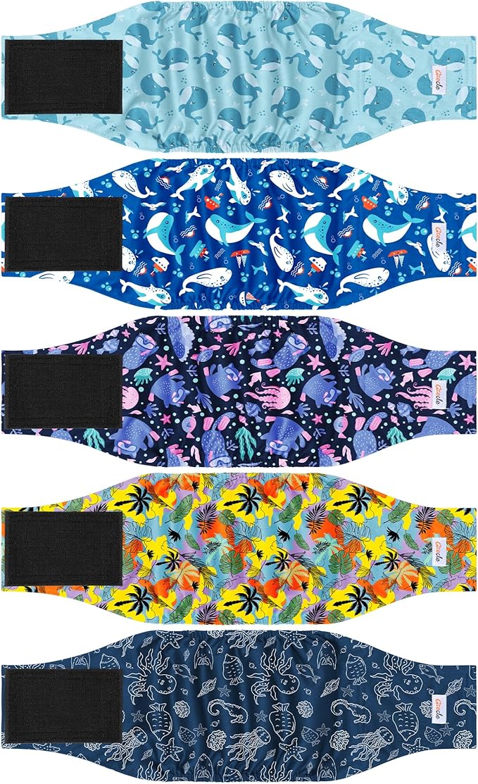 5 Pack Dog Diapers Male Reusable, Premium Belly Bands for Male Dogs, High Absorbing Dog Pee Wraps for Doggie in Incontinence or Excitable Urination and Training Hawaii L