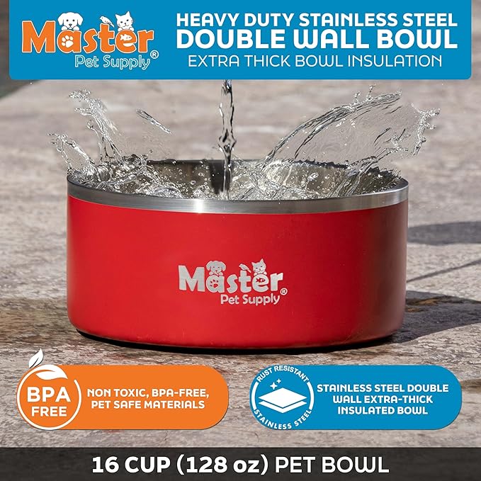 Master Pet Supply Stainless Steel Dog Bowls - 128 oz, Heavy Duty - Crimson Flame, Double Wall Extra-Thick Insulated, Non-Slip Pet Water Bowl for Dogs, Cats & Pets, Anti Rust Metal, Dish Washer Safe