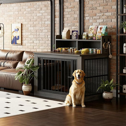 IRONCK Extra Large Dog Crate Furniture, 43.3 inches Wooden Dog Crate with Storage and 4 Hooks, Heavy Duty Pet Crate for Large Dog, Decorative Pet Cage for Indoor (30" L x 43.3" W x 41.1" H)