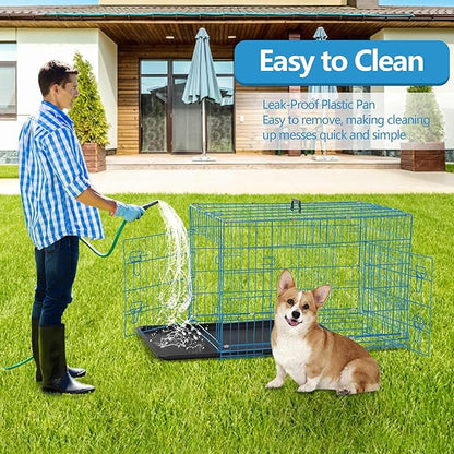 Dog Crate, 24/30/36/42/48 Inch Dog Crates for Small Medium Large Dogs Indoor, Folding Metal Dog Kennel Dog Cage with Double-Door, Divider Panel, Removable Tray, Locks and Handle, (36 Inch, Blue)