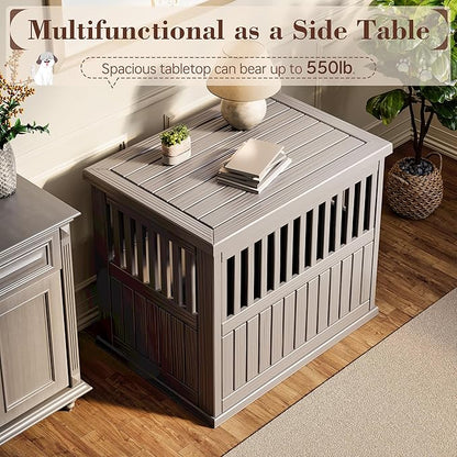 Fancyango 40-Inch Heavy Duty Dog Crate Furniture Lockable Indoor Outdoor Kennel & End Table for Small/Large Dogs Decorative Plastic Pet Cage in Grey