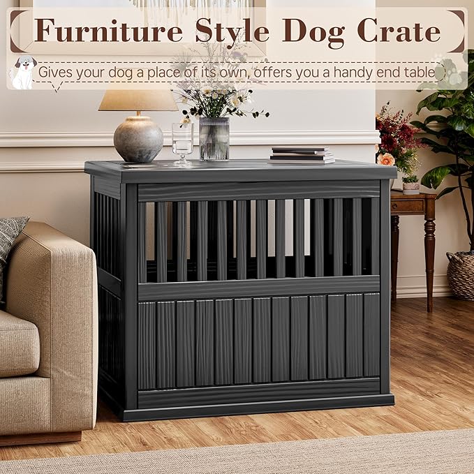 Fancyango 40-Inch Heavy Duty Dog Crate Furniture Lockable Indoor Outdoor Kennel & End Table for Small/Large Dogs Decorative Plastic Pet Cage in Black