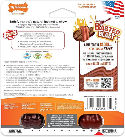 Nylabone Original & Textured Bone Power Chew Toy for Dogs, Durable & Tough Dog Toys for Aggressive Chewers, Basted Blast Bacon and Steak Flavor, X-Small Dogs - Up to 15 lbs, 2 Pack