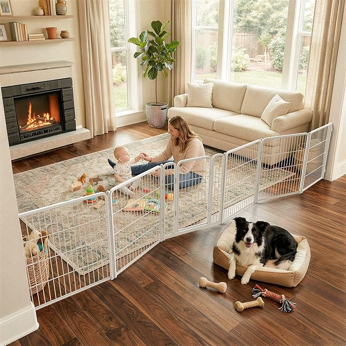 FXW Dog Gate Extra Wide Designed for Indoor Use, Adjustable Width Up to 165-inch Wide (32" H 6 Wire Panels for Small and Medium Dogs), White