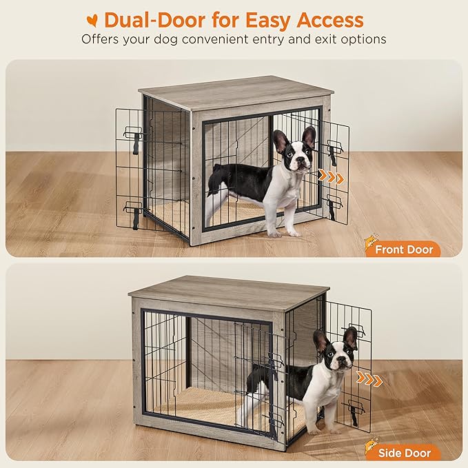 Yaheetech 32'' Dog Crate Furniture, Side End Table w/Cushion, Double Doors, Adjustable Feet, Wooden Kennel Cage for Small/Medium Dogs, Indoor Outdoor