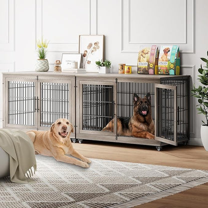 YaFiti Dog Crate Furniture with Cushion Set of 2, Wooden Dog Kennel Indoor with Double Doors, Dog Cage with Wheels, Dog House Side End Table for Large Dogs up to 85 lb, 44" L, Grey