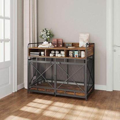 Fulhope Dog Crate Furniture, 48" Heavy Duty Wooden Dog Crate End Table, XL Dog Kennel Furniture Large Breed, Decorative Dog Kennel Indoor with 3 Drawers & Steel Tubes 48" L x28 W x38 H (Rustic Brown)