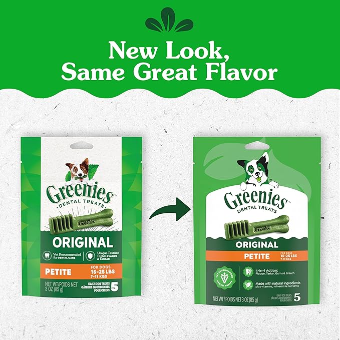Greenies Veterinarian-Recommended Adult Natural Dental Dog Treats Petite Size, Dog Dental Chews, Original Flavor, 3 oz. Pack, 5 Count