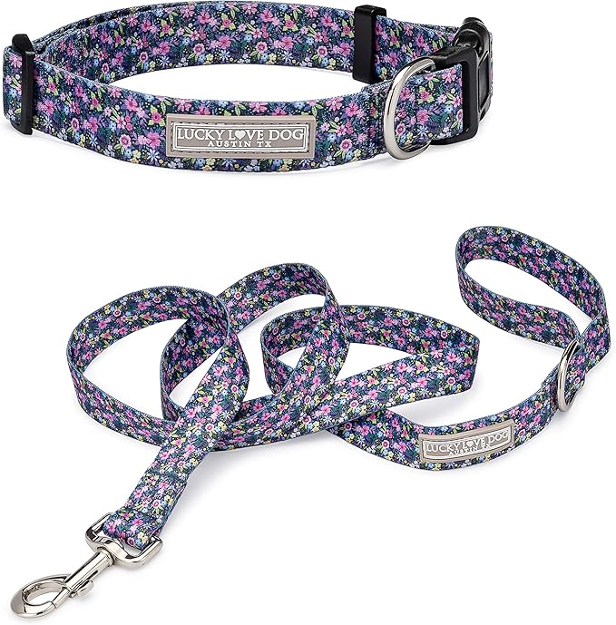 Lucky Love Dog, Matching Dog Collar & Leash Set for Female Dogs, Soft, Adjustable, Safe for Training and Walking, Black & Purple Floral Print, Primrose Combo, X-Small