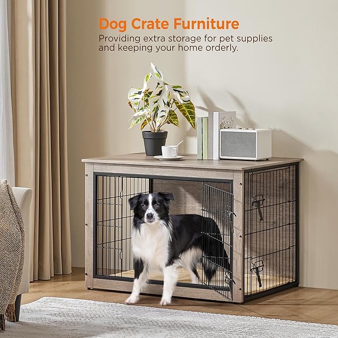 Yaheetech 38'' Dog Crate Furniture with Cushion Wooden Dog Crate with Double Doors/Adjustable Feet Side End Table for Medium/Large Dogs, 37.80" L x 25.59" W x 26.57" H