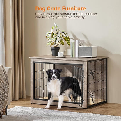 Yaheetech 38'' Dog Crate Furniture with Cushion Wooden Dog Crate with Double Doors/Adjustable Feet Side End Table for Medium/Large Dogs, 37.80" L x 25.59" W x 26.57" H
