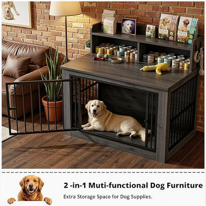 IRONCK Extra Large Dog Crate Furniture, 43.3 inches Wooden Dog Crate with Storage and 4 Hooks, Heavy Duty Pet Crate for Large Dog, Decorative Pet Cage for Indoor (30" L x 43.3" W x 41.1" H)
