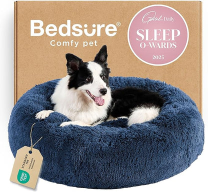 Bedsure Calming Dog Bed for Large Dogs - Donut Washable Large Pet Bed, 36 inches Anti Anxiety Round Fluffy Plush Faux Fur Dog Bed, Fits up to 80 lbs Pets, Navy
