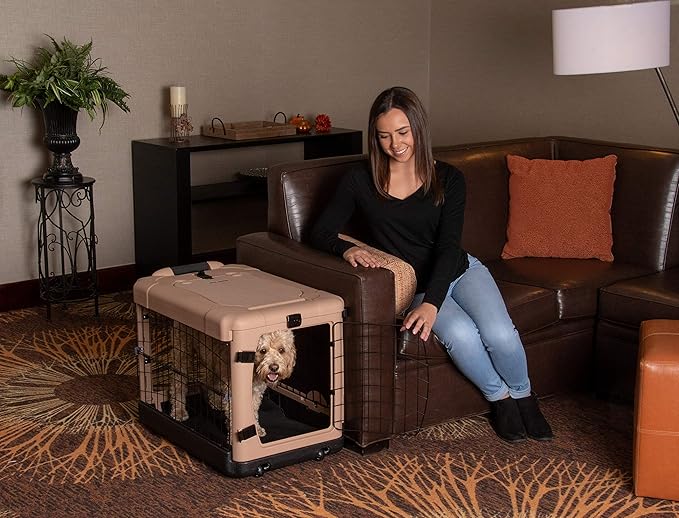 Pet Gear “The Other Door” 4 Door Steel Crate for Dogs/Cats with Garage-Style Door, Includes Plush Bed + Travel Bag, No Tools Required, Beige, 27 Inch