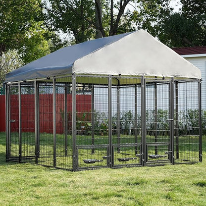 Large Outdoor Dog Kennel with Roof, 7.9×7.9×6.6FT Heavy-Duty Dog Cage with 3 Swivel Feeding Bowls, Double Doors, Anti-Rust Metal Dog Run for All-Weather Protection