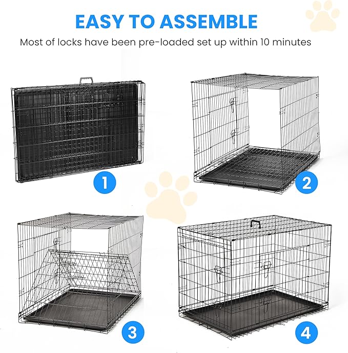 Simple Deluxe 36-Inch Dog Cage with Divider, Metal Wire Two-Door Folding Mid-Sized Pet Kennel with Leak-Proof Plastic Tray, Portable Indoors, Outdoors, and Traval