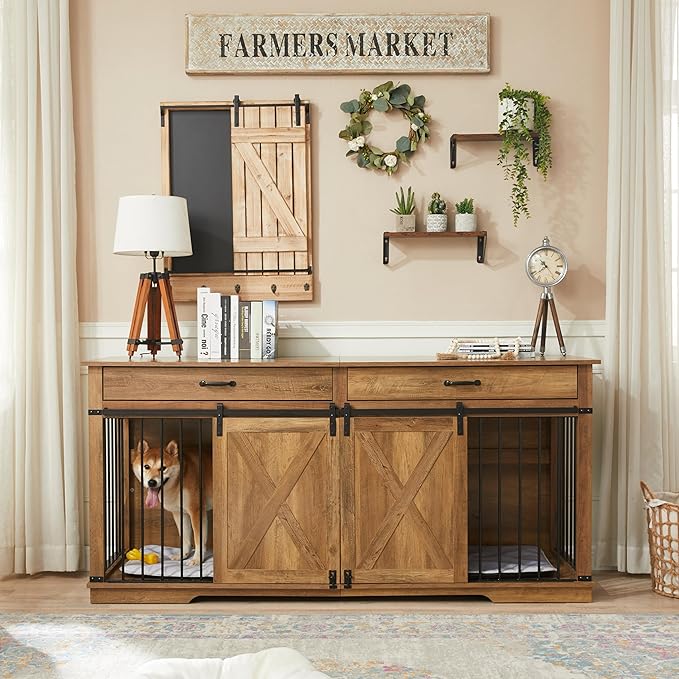 72.5" XXL Wooden Double Dog Crate Furniture for 2 Large Breeds, Farmhouse Barn Door, Removable Divider, Water Resistant with Built-in Drawers, Home Decor Pet Kennel, Rustic Oak