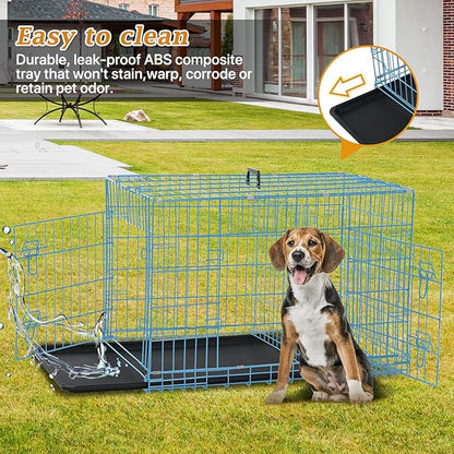 Dog Crate, Folding Portable Outdoor Large Two Door Metal Cat Dog Cage with ABS Tray LC Panel Floor Protecting Feet Wire Animal Pet Dog Kennel with Divider