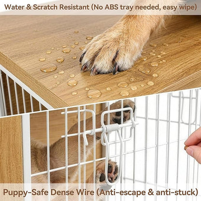 Oak Dog Crate Furniture with Reversible Side Door, 28'' Wooden Indoor Dog Kennel for Small Medium Dogs, Furniture Style End Table Dog Crate with Double Locks, Steel Mesh Dog Cage