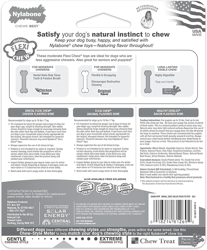 Nylabone Original Bone Flexi Chew Toy for Dogs, Dog Toys for Moderate Chewers, Dog Chew Bones, Chicken & Original Flavor, For X-Small Dogs - Up to 15 lbs, 3 Pack