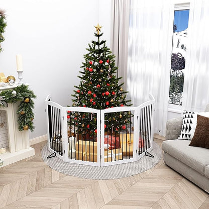 PUPETPO Freestanding Pet Gate for Dogs, Indoor Wooden Foldable Dog Gate for House, Extra Wide, Pet Fence for Stairs, Doorways, Halls, Support Feet Included, 120 Inch Wide, 6 Panels 32",White