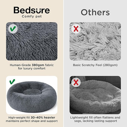 Bedsure Calming Dog Bed for Medium Large Dogs - Donut Washable Large Pet Bed, 33 inches Anti-Slip Round Fluffy Plush Faux Fur Dog Bed, Dark Grey