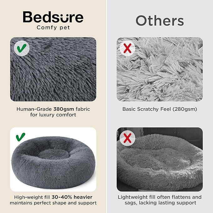 Bedsure Calming Dog Bed for Small Medium Dogs - Donut Washable Medium Pet Bed, 27 inches Anti-Slip Round Fluffy Plush Faux Fur Cat Bed, Dark Grey