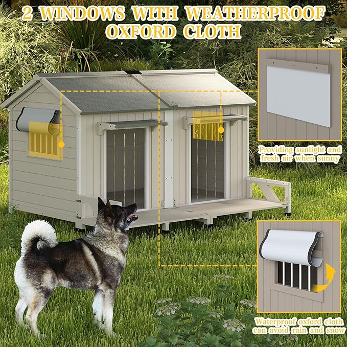 PetsCosset 59.4" L Large Dog House Outdoor & Indoor,Fir Wood Dog Kennel with Weatherproof Openable Asphalt Roof,Spacious Doghouse with Anti-Chewing Metal Edges for Small & Medium & Large Dogs,Grey