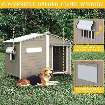 PetsCosset 55.1" L Large Dog House Outdoor & Indoor,Fir Wood Dog Kennel with Weatherproof Openable Asphalt Roof,Spacious Doghouse with Anti-Chewing Metal Edges for Small & Medium & Large Dogs,Grey