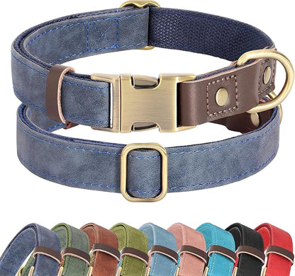 Didog Soft PU Leather Dog Collars for Medium Dogs,Classic Adjustable Dog Collars with Quick Release Metal Buckle,Easy Clean and Comfortable with Nylon Lining,Blue,M Neck 14-19"