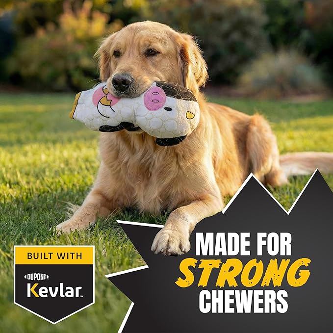 Bite Force -Durable & Strong Dog Toy Cow with Squeaker, Kevlar-Reinforced for Aggressive Chewers for Small Medium Large Dogs - White and Pink.