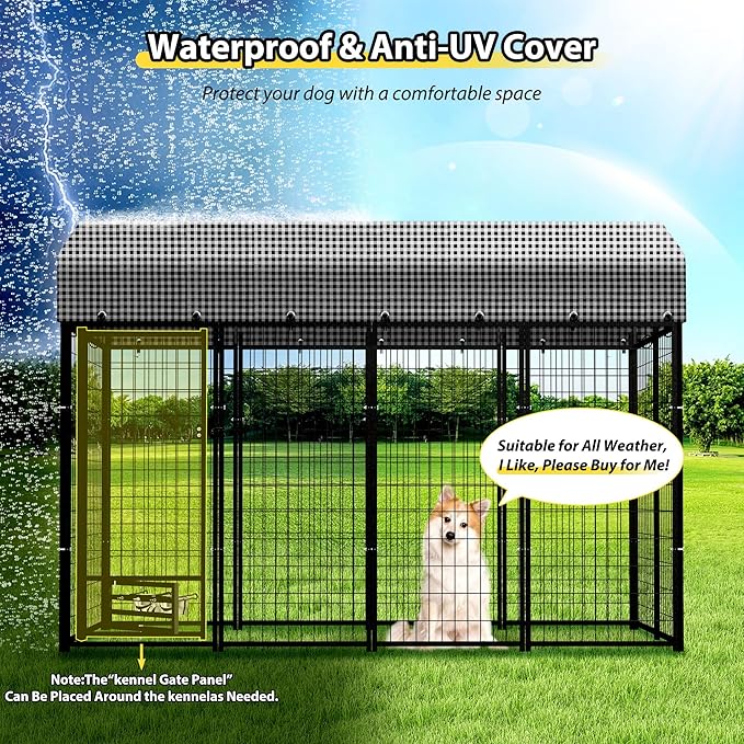 Large Outside Dog Kennel, Outdoor Dog Run Enclosure 8'x4'x6'（Including The roof） Dog Pen House with Roof Cover Heavy Duty Welded Wire Steel Dog Playpen Animal Fence with Feeding Door