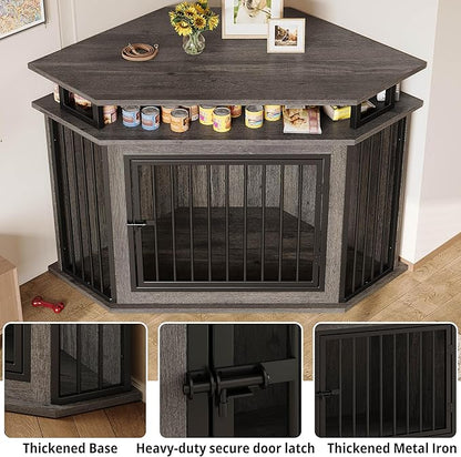 IRONCK Corner Wooden Dog Crate Furniture with 2-Tier Shelves, Pet Kennel for Large Dogs, Space-Saving Dog Cage Indoor, Rustic Brown (26.7" L x 51.2" W x 33.5" H)
