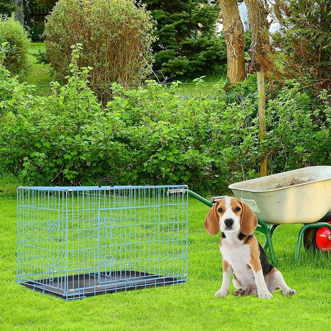 36 inch Dog Crates for Medium Dogs Folding Metal Wire Dog Cage Kennel, Indoor Outdoor Dog Crate Kennels with Handle&Proof Tray Portable Pet Kennel Blue