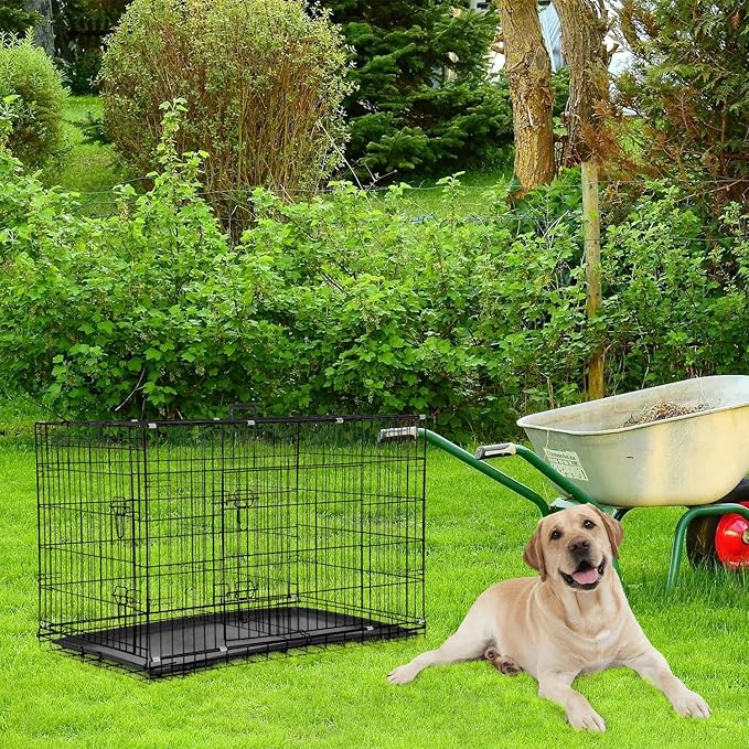 Dog Crate, Wire Kennel with Divider Panel, Metal Cages with Double Door, Leak-Proof Pan Tray, Folding Portable Pet Dog Cage for Indoor Outdoor Travel (Black, 48")