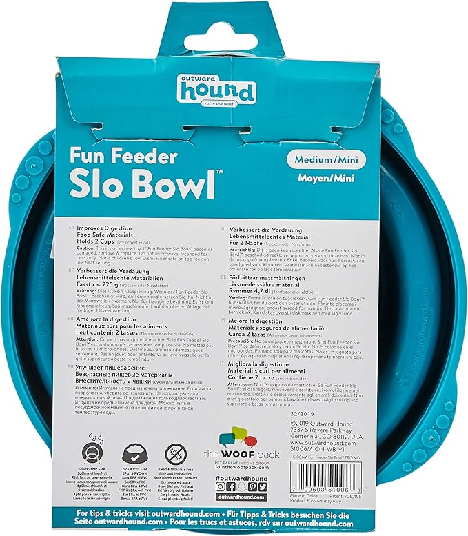 Outward Hound Fun Feeder Slo Bowl – Medium 2‑Cup Capacity,Slow Feeding,Small to Medium Dogs & Cats,Non-Slip,Turquoise,Drop Pattern,(Pack of 12)