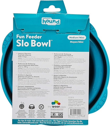 Outward Hound Fun Feeder Slo Bowl – Medium 2‑Cup Capacity,Slow Feeding,Small to Medium Dogs & Cats,Non-Slip,Turquoise,Drop Pattern,(Pack of 12)