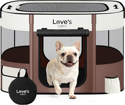 Love's cabin Pet Puppy Dog Playpen, Medium Dog Tent Crates Cage Indoor/Outdoor, Portable Exercise Playpen for Cat, Foldable Pop Up Dog Kennel Playpen with Carring Case (M, Brown)