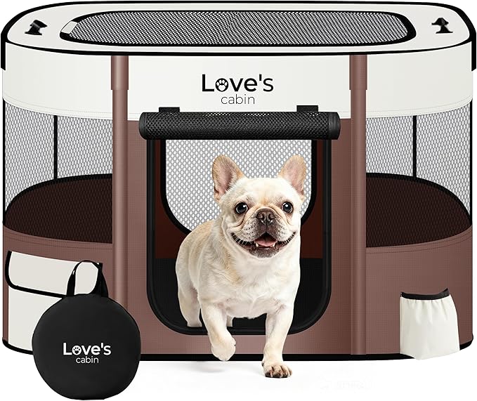 Love's cabin Pet Puppy Dog Playpen, Small Dog Tent Crates Cage Indoor/Outdoor, Portable Exercise Playpen for Cat, Foldable Pop Up Dog Kennel Playpen with Carring Case (S, Brown)