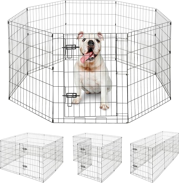 BOWHAUS Foldable Outdoor/Indoor Pet Playpen with Gate, Available in 30 Inch Height Metal Portable Kennel, Heavy-Duty Exercise Fence Cage 8 Panels for Medium Dog, Animals