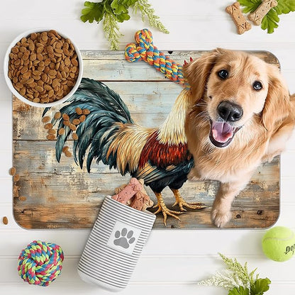 Rooster Dog Food Mat for Floors,Vintage Wood Panel Absorbent Quick-Dry Pet Feeding Mat,Cat Dog Bowl Mats for Food and Water,Non-Slip Pet Accessories Supplies 12"x20"