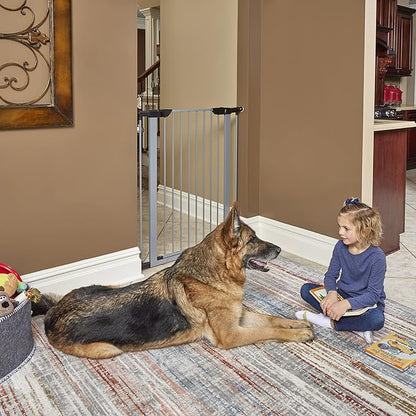 MidWest Homes for Pets 39-Inch High Walk-thru Pressure Mounted Gray Steel Dog Gate, Expands to 38 Inches Wide, No Damage to Walls, Includes 3-inch Extensions, For Small to Medium Pets