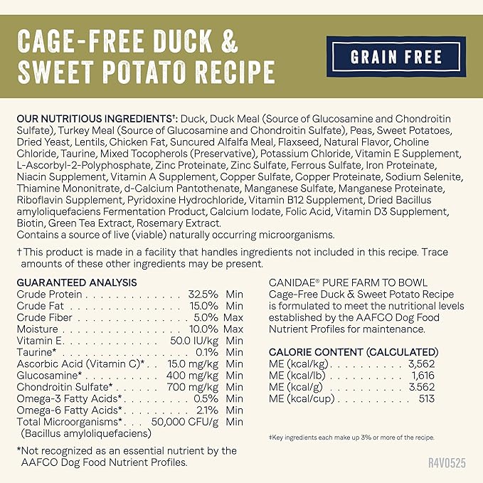 Canidae Pure Farm to Bowl Cage-free Duck & Sweet Potato, Adult, Grain-Free Dry Dog Food, 22lb