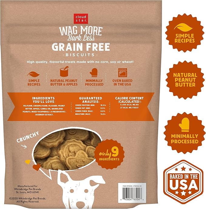 Cloud Star Wag More Bark Less Crunchy Grain Free Dog Treats, Peanut Butter & Apples, 2.5 lbs. Bag