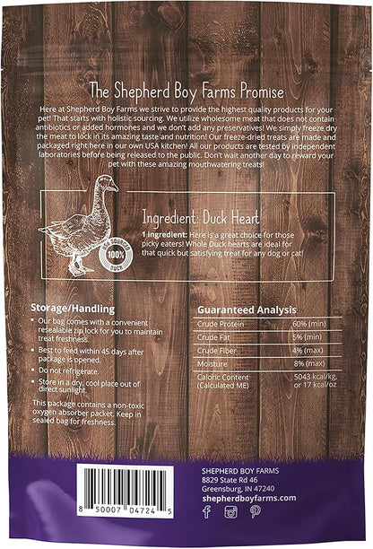 Shepherd Boy Farms Freeze Dried Dog and Cat Treats, Duck Heart, All Natural Single Ingredient Freeze-Dried Dog Treat & Snacks, Made in USA, High Protein, Essential Nutrition of Raw Food, 8oz