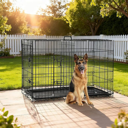 FDW Dog Crate 48-Inch Dog Cage Foldable Metal Kennel with Leakproof Tray Foldable Design Indoor Outdoor Use for XL Large Dogs,Dark Black
