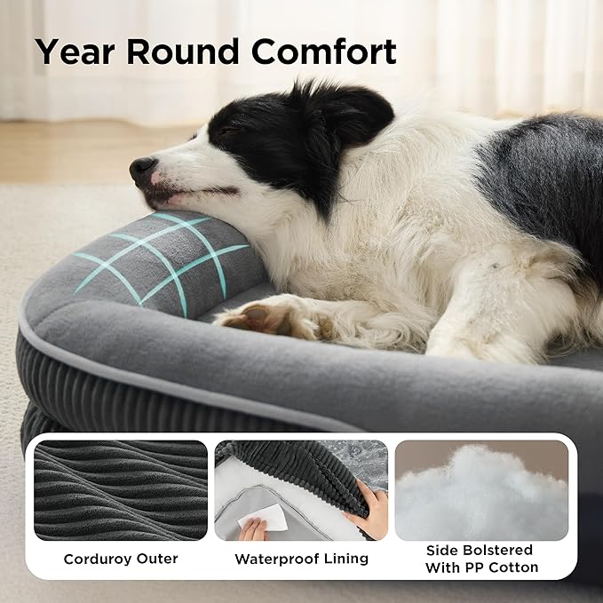 Bedsure XL Pro Orthopedic Dog Beds Large Sized Dog - 360° Oval Bolster Jumbo Dogs Bed for Senior Dogs with Waterproof Washable Cover, Extra Large Pet Sofa Couch with Ultra-Soft Fleece, Grey, 45"
