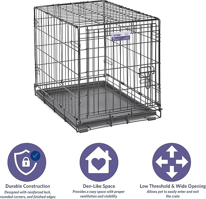 MidWest Homes for Pets 24-Inch iCrate for Small Breeds, 12-20 lbs, Single Door Folding Dog Crate with Divider Panel, Leak-Proof Tray & Secure Latch, Portable, Durable & Easy to Assemble